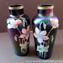Load image into Gallery viewer, Miniature Art Nouveau Iridescent Glass Match Pair of Vases with Enamel Flower Decoration
