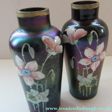 Load image into Gallery viewer, Miniature Art Nouveau Iridescent Glass Match Pair of Vases with Enamel Flower Decoration
