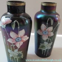 Load image into Gallery viewer, Miniature Art Nouveau Iridescent Glass Match Pair of Vases with Enamel Flower Decoration
