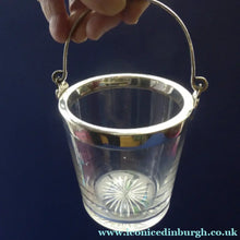 Load image into Gallery viewer, Antique SILVER PLATE Miniature Ice Pail by John Grinsell. English Glass with Plates Rim Mount &amp; Handle
