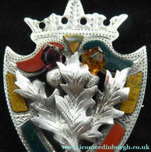 Load image into Gallery viewer, Antique 1901 SILVER BROOCH. Large Shield Brooch with Agates and Overlaid Silver Thistle. Adie Lovekin Ltd
