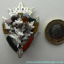 Load image into Gallery viewer, Antique 1901 SILVER BROOCH. Large Shield Brooch with Agates and Overlaid Silver Thistle. Adie Lovekin Ltd - Scottish

