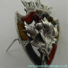 Load image into Gallery viewer, Antique 1901 SILVER BROOCH. Large Shield Brooch with Agates and Overlaid Silver Thistle. Adie Lovekin Ltd
