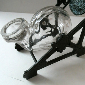 Aesthetic Movement. Antique Cast Iron Inkwell and Dip Pen Stand with Glass Snail Inkwell
