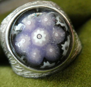 1975 SCOTTISH Hallmarked Solid Silver & Millefiori CAITHNESS GLASS Large Ring (Size R)