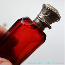 Load image into Gallery viewer, 1902. Antique EDWARDIAN Facet Cut Ruby Glass and Hallmarked Silver Topped Perfume Bottle
