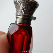 Load image into Gallery viewer, 1902. Antique EDWARDIAN Facet Cut Ruby Glass and Hallmarked Silver Topped Perfume Bottle
