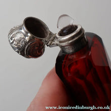 Load image into Gallery viewer, 1902. Antique EDWARDIAN Facet Cut Ruby Glass and Hallmarked Silver Topped Perfume Bottle
