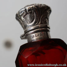 Load image into Gallery viewer, 1902. Antique EDWARDIAN Facet Cut Ruby Glass and Hallmarked Silver Topped Perfume Bottle
