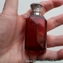 Load image into Gallery viewer, 1902. Antique EDWARDIAN Facet Cut Ruby Glass and Hallmarked Silver Topped Perfume Bottle
