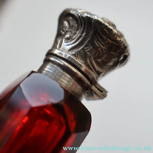 Load image into Gallery viewer, 1902. Antique EDWARDIAN Facet Cut Ruby Glass and Hallmarked Silver Topped Perfume Bottle
