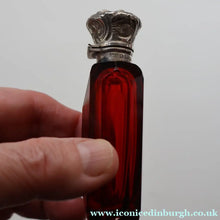 Load image into Gallery viewer, 1902. Antique EDWARDIAN Facet Cut Ruby Glass and Hallmarked Silver Topped Perfume Bottle
