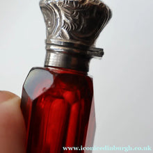 Load image into Gallery viewer, 1902. Antique EDWARDIAN Facet Cut Ruby Glass and Hallmarked Silver Topped Perfume Bottle
