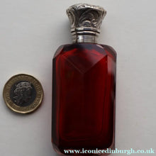 Load image into Gallery viewer, 1902. Antique EDWARDIAN Facet Cut Ruby Glass and Hallmarked Silver Topped Perfume Bottle
