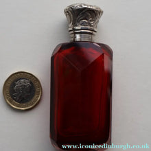 Load image into Gallery viewer, 1902. Antique EDWARDIAN Facet Cut Ruby Glass and Hallmarked Silver Topped Perfume Bottle
