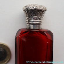 Load image into Gallery viewer, 1902. Antique EDWARDIAN Facet Cut Ruby Glass and Hallmarked Silver Topped Perfume Bottle
