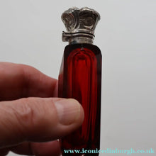 Load image into Gallery viewer, 1902. Antique EDWARDIAN Facet Cut Ruby Glass and Hallmarked Silver Topped Perfume Bottle
