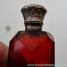 Load image into Gallery viewer, 1902. Antique EDWARDIAN Facet Cut Ruby Glass and Hallmarked Silver Topped Perfume Bottle
