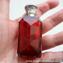 Load image into Gallery viewer, 1902. Antique EDWARDIAN Facet Cut Ruby Glass and Hallmarked Silver Topped Perfume Bottle
