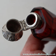 Load image into Gallery viewer, 1902. Antique EDWARDIAN Facet Cut Ruby Glass and Hallmarked Silver Topped Perfume Bottle
