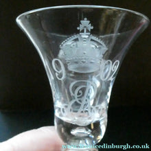 Load image into Gallery viewer, Rare KING EDWARD VII (1902) Engraved Coronation Glass with Hollow Stem Containing a Silver Three Pence Coin
