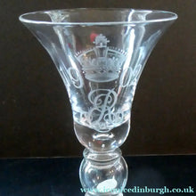 Load image into Gallery viewer, Rare KING EDWARD VII (1902) Engraved Coronation Glass with Hollow Stem Containing a Silver Three Pence Coin
