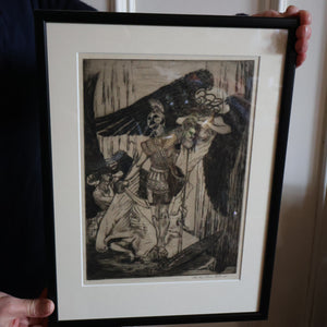 SCOTTISH ART: Antique 1920s Original Etching by Arthur Edwin Wrench. Mythological Subject: PERSEUS SLAYING THE MEDUSA
