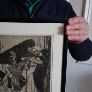 SCOTTISH ART: Antique 1920s Original Etching by Arthur Edwin Wrench. Mythological Subject: PERSEUS SLAYING THE MEDUSA
