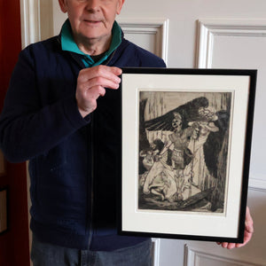 SCOTTISH ART: Antique 1920s Original Etching by Arthur Edwin Wrench. Mythological Subject: PERSEUS SLAYING THE MEDUSA