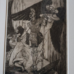 SCOTTISH ART: Antique 1920s Original Etching by Arthur Edwin Wrench. Mythological Subject: PERSEUS SLAYING THE MEDUSA