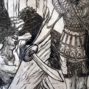 SCOTTISH ART: Antique 1920s Original Etching by Arthur Edwin Wrench. Mythological Subject: PERSEUS SLAYING THE MEDUSA