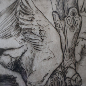SCOTTISH ART: Antique 1920s Original Etching by Arthur Edwin Wrench. Mythological Subject: PERSEUS SLAYING THE MEDUSA