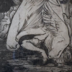 SCOTTISH ART: Antique 1920s Original Etching by Arthur Edwin Wrench. Mythological Subject: PERSEUS SLAYING THE MEDUSA