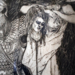 SCOTTISH ART: Antique 1920s Original Etching by Arthur Edwin Wrench. Mythological Subject: PERSEUS SLAYING THE MEDUSA