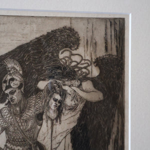 SCOTTISH ART: Antique 1920s Original Etching by Arthur Edwin Wrench. Mythological Subject: PERSEUS SLAYING THE MEDUSA