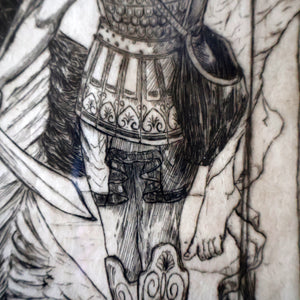SCOTTISH ART: Antique 1920s Original Etching by Arthur Edwin Wrench. Mythological Subject: PERSEUS SLAYING THE MEDUSA