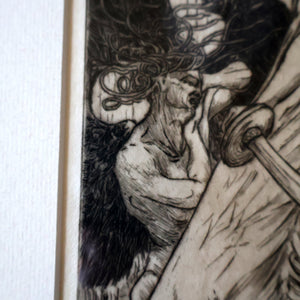 SCOTTISH ART: Antique 1920s Original Etching by Arthur Edwin Wrench. Mythological Subject: PERSEUS SLAYING THE MEDUSA