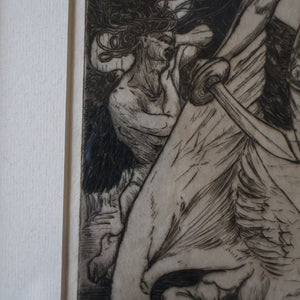 SCOTTISH ART: Antique 1920s Original Etching by Arthur Edwin Wrench. Mythological Subject: PERSEUS SLAYING THE MEDUSA