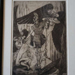 SCOTTISH ART: Antique 1920s Original Etching by Arthur Edwin Wrench. Mythological Subject: PERSEUS SLAYING THE MEDUSA