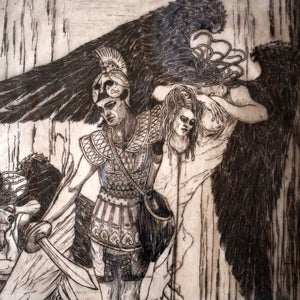 SCOTTISH ART: Antique 1920s Original Etching by Arthur Edwin Wrench. Mythological Subject: PERSEUS SLAYING THE MEDUSA