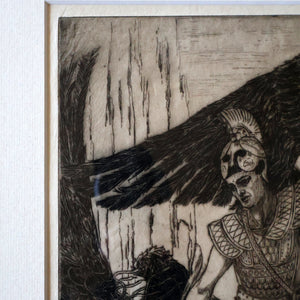 SCOTTISH ART: Antique 1920s Original Etching by Arthur Edwin Wrench. Mythological Subject: PERSEUS SLAYING THE MEDUSA