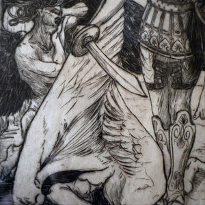 SCOTTISH ART: Antique 1920s Original Etching by Arthur Edwin Wrench. Mythological Subject: PERSEUS SLAYING THE MEDUSA