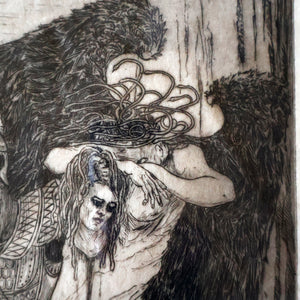 SCOTTISH ART: Antique 1920s Original Etching by Arthur Edwin Wrench. Mythological Subject: PERSEUS SLAYING THE MEDUSA