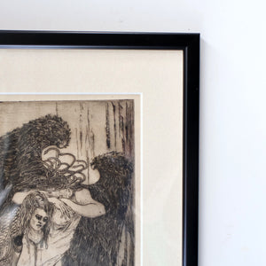 SCOTTISH ART: Antique 1920s Original Etching by Arthur Edwin Wrench. Mythological Subject: PERSEUS SLAYING THE MEDUSA
