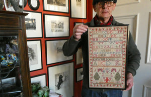 ANTIQUE 19th Century Embroidered Sampler with Letters and Floral Designs & Wild Strawberry Border