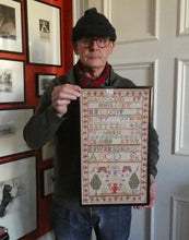 Load image into Gallery viewer, ANTIQUE 19th Century Embroidered Sampler with Letters and Floral Designs &amp; Wild Strawberry Border
