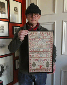 ANTIQUE 19th Century Embroidered Sampler with Letters and Floral Designs & Wild Strawberry Border