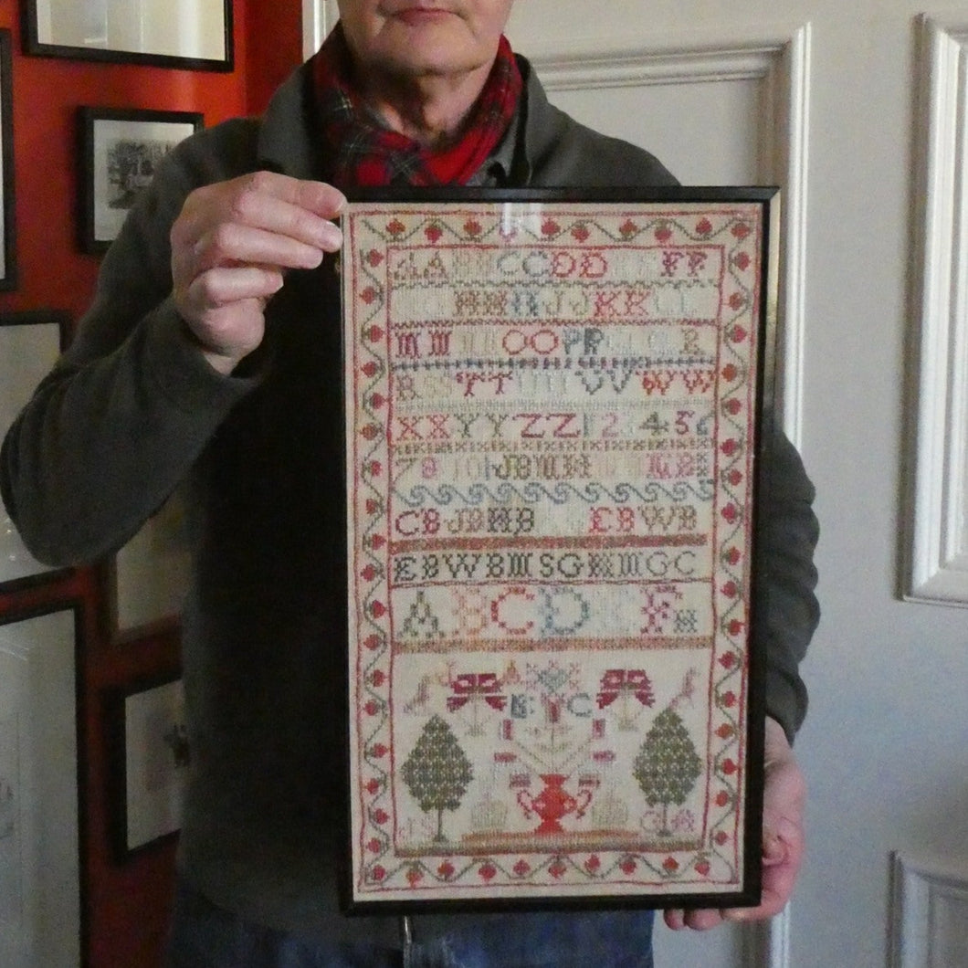 ANTIQUE 19th Century Embroidered Sampler with Letters and Floral Designs & Wild Strawberry Border