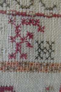 ANTIQUE 19th Century Embroidered Sampler with Letters and Floral Designs & Wild Strawberry Border