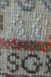 ANTIQUE 19th Century Embroidered Sampler with Letters and Floral Designs & Wild Strawberry Border